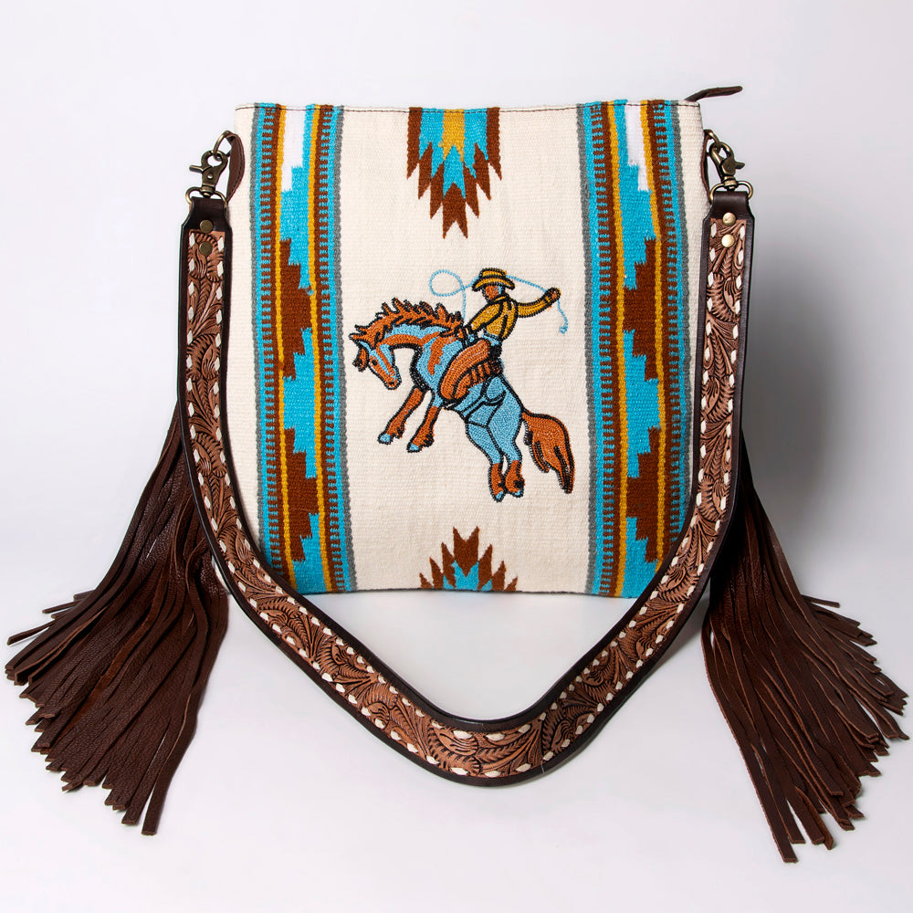 ADBGA263 American Darling Southwestern Woven Fringed Tooled Leather Crossbody Bag