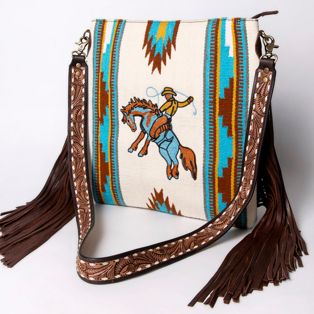 ADBGA263 American Darling Southwestern Woven Fringed Tooled Leather Crossbody Bag