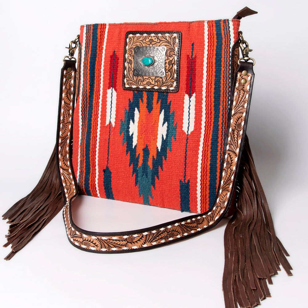 LC-ADBGA269 American Darling Fringe Large Crossbody-Saddle Blanket with Tooled Leather & Concho