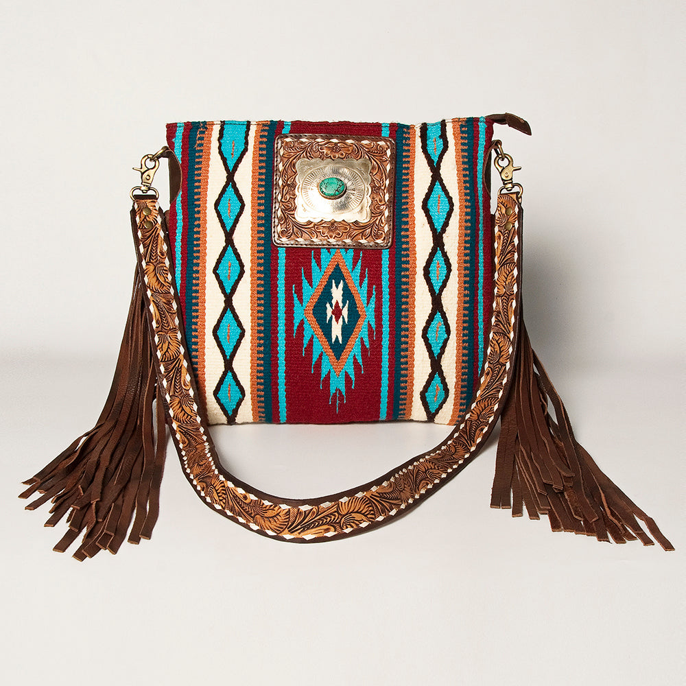 ADBGA272 American Darling Western Fringe Crossbody Multicolor Saddle Blanket with Tooled Strap