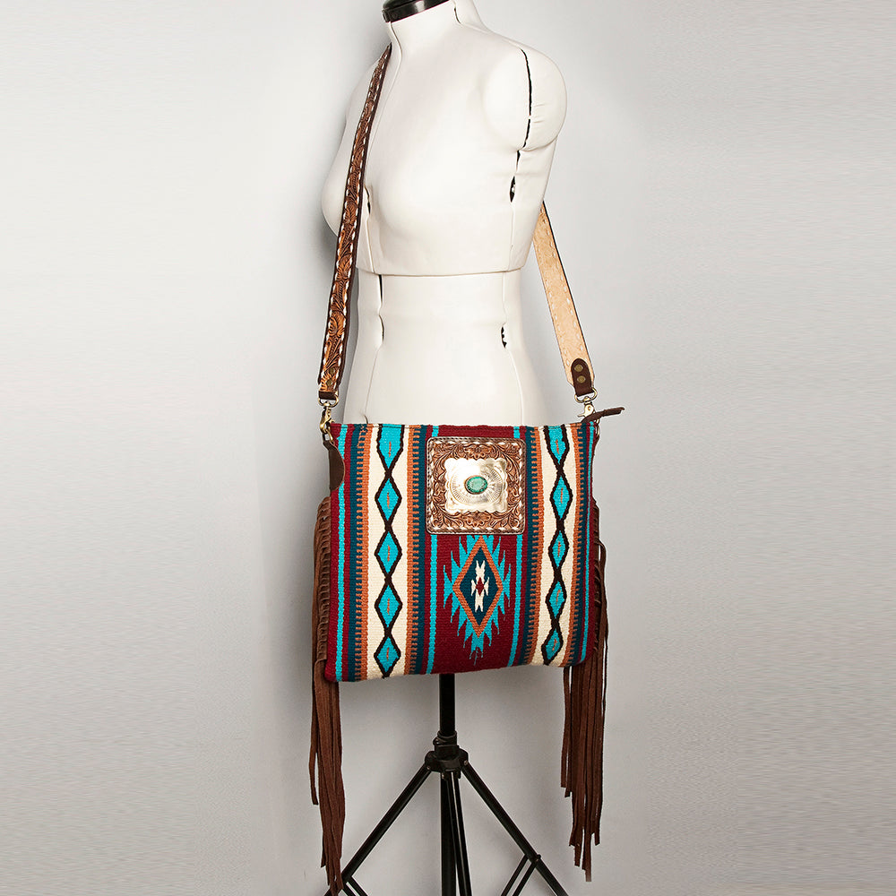 ADBGA272 American Darling Western Fringe Crossbody Multicolor Saddle Blanket with Tooled Strap