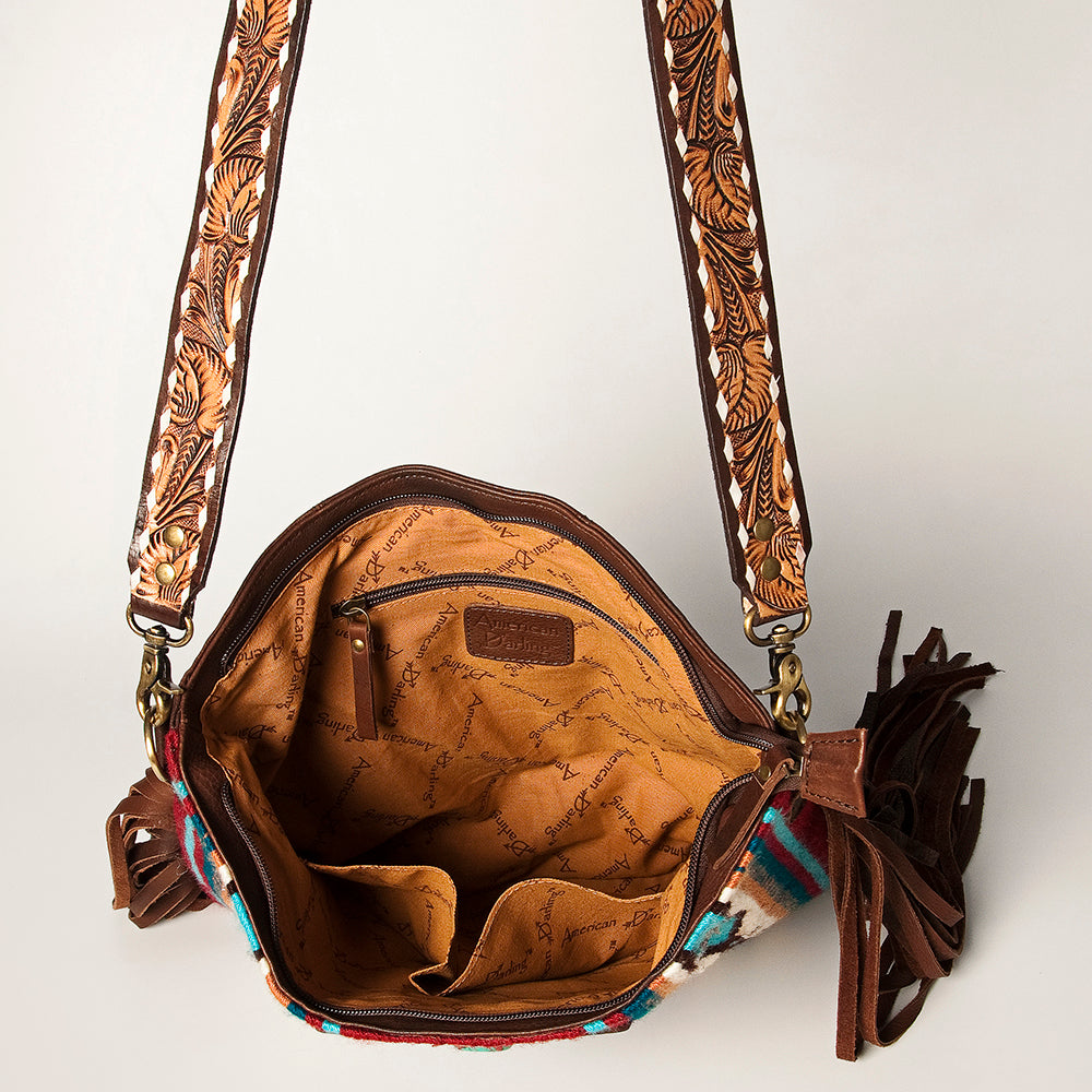ADBGA272 American Darling Western Fringe Crossbody Multicolor Saddle Blanket with Tooled Strap