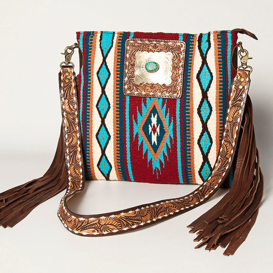 ADBGA272 American Darling Western Fringe Crossbody Multicolor Saddle Blanket with Tooled Strap