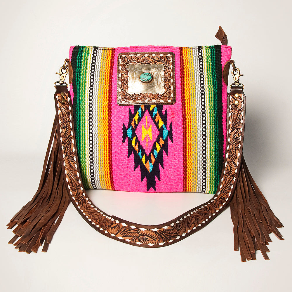 ADBGA272 American Darling Western Fringe Crossbody Multicolor Saddle Blanket with Tooled Strap