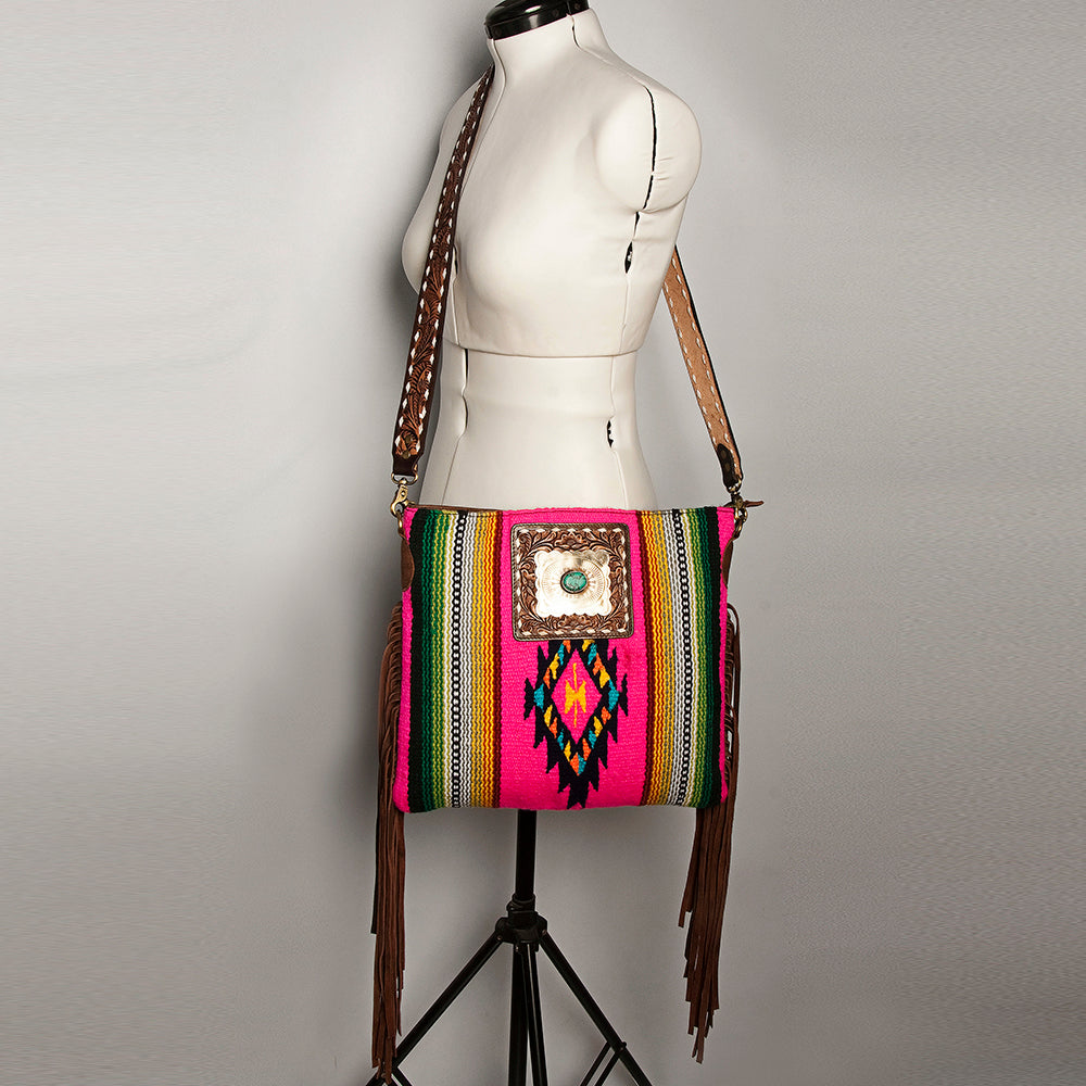 ADBGA272 American Darling Western Fringe Crossbody Multicolor Saddle Blanket with Tooled Strap