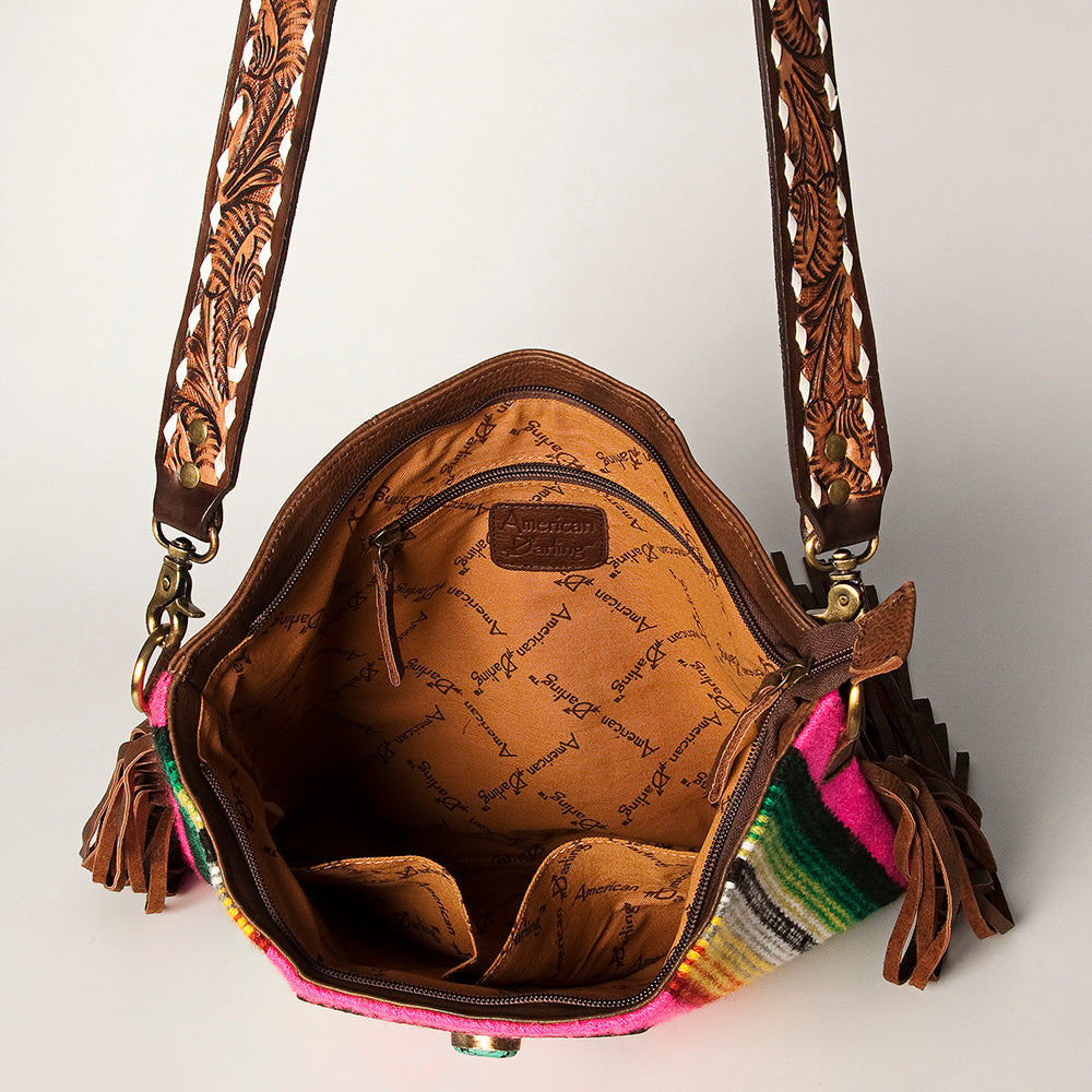 ADBGA272 American Darling Western Fringe Crossbody Multicolor Saddle Blanket with Tooled Strap