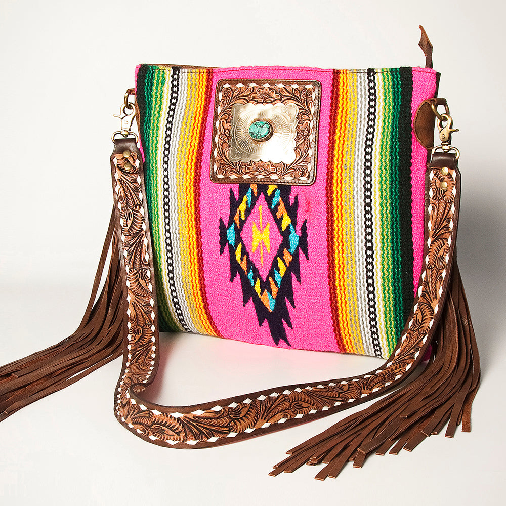 ADBGA272 American Darling Western Fringe Crossbody Multicolor Saddle Blanket with Tooled Strap