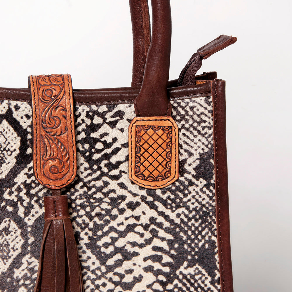 LC-ADBGA279 American Darling Cowhide Tote with Tooled Leather & Tassel Genuine Hair-On Hide