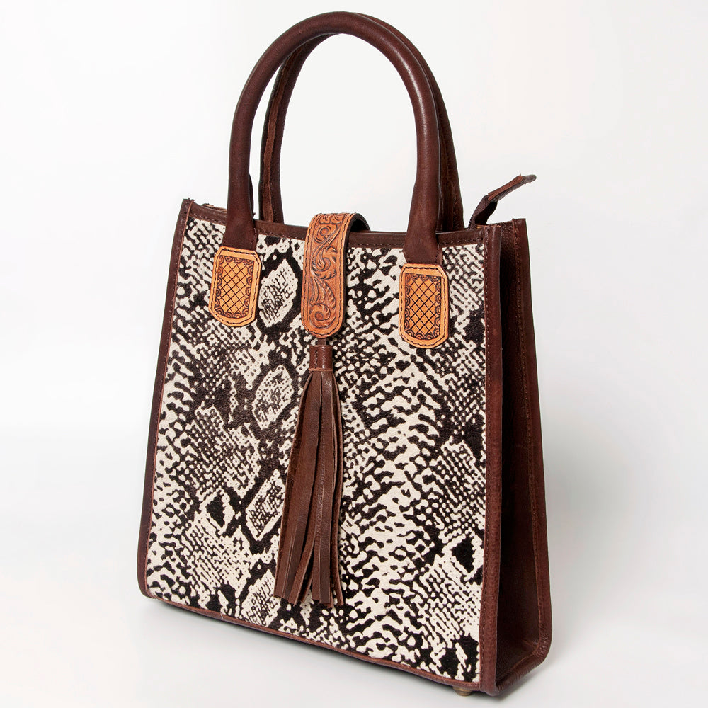 LC-ADBGA279 American Darling Cowhide Tote with Tooled Leather & Tassel Genuine Hair-On Hide