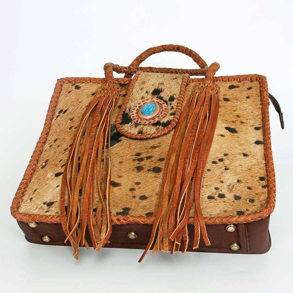 ADBGD176 American Darling Western Leather Tote Bag - Hair-On Cowhide Fringed Purse with Turquoise