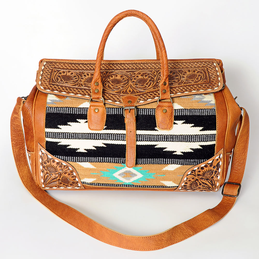 ADBG516 American Darling Tooled Leather & Saddle Blanket Duffel Bag Mae Western Travel Weekender