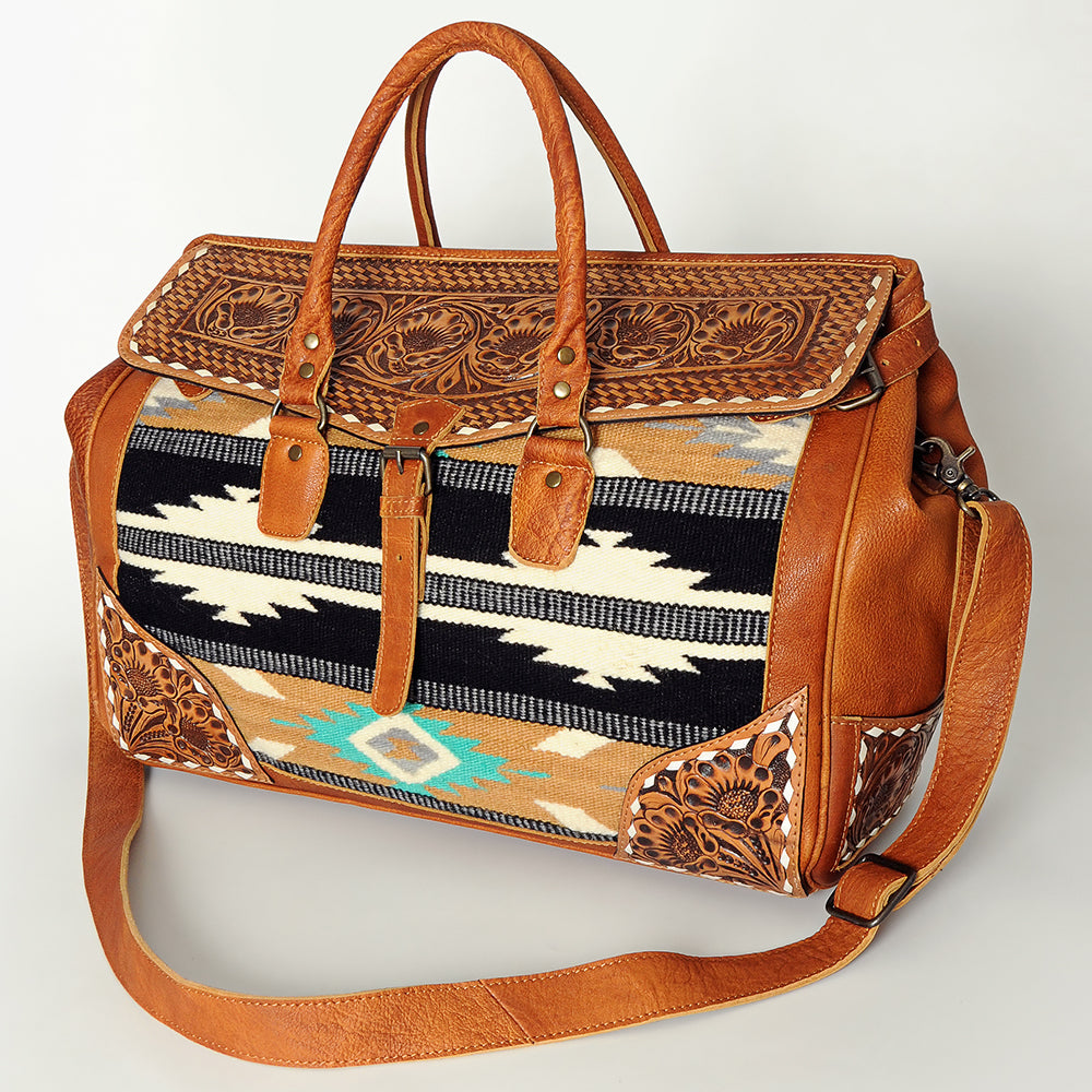 ADBG516 American Darling Tooled Leather & Saddle Blanket Duffel Bag Mae Western Travel Weekender
