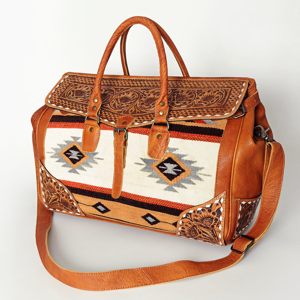 ADBG516 American Darling Tooled Leather & Saddle Blanket Duffel Bag Mae Western Travel Weekender