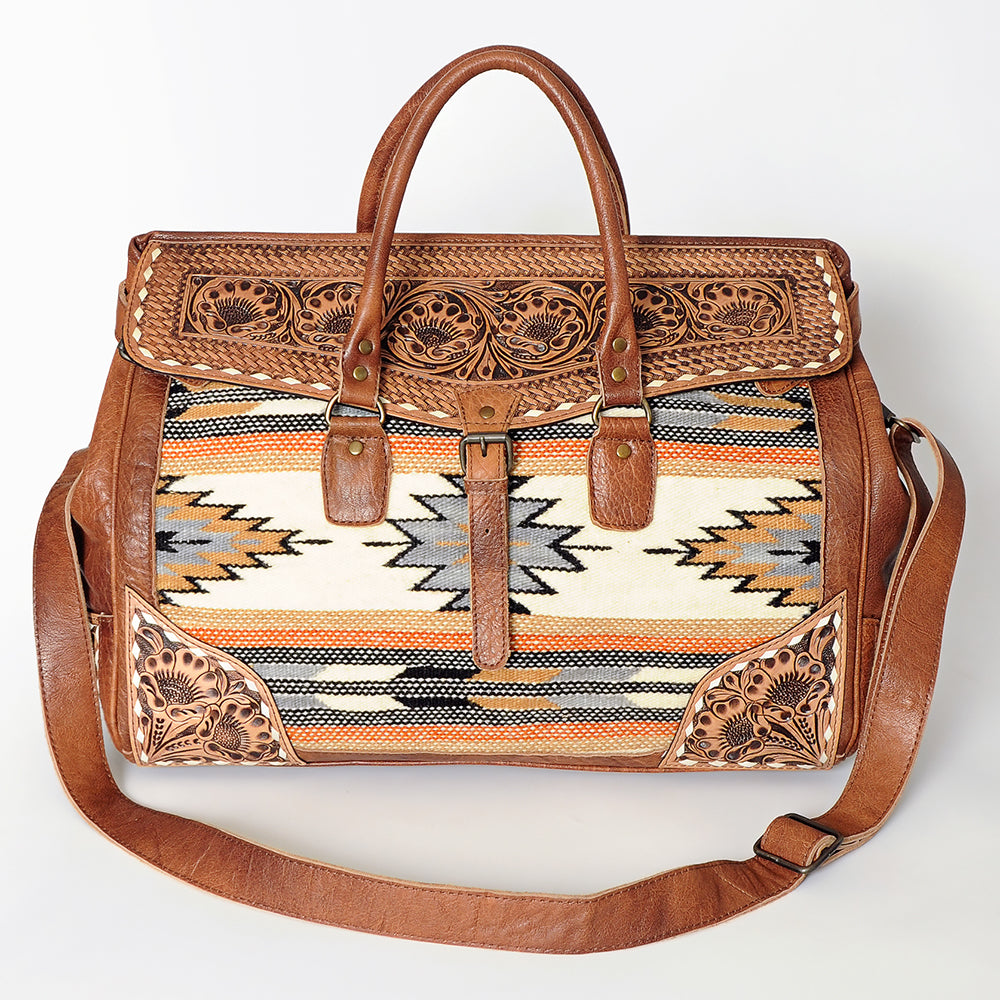ADBG516 Tooled Leather & Saddle Blanket Duffel Bag Mae Western Travel Weekender by American Darling