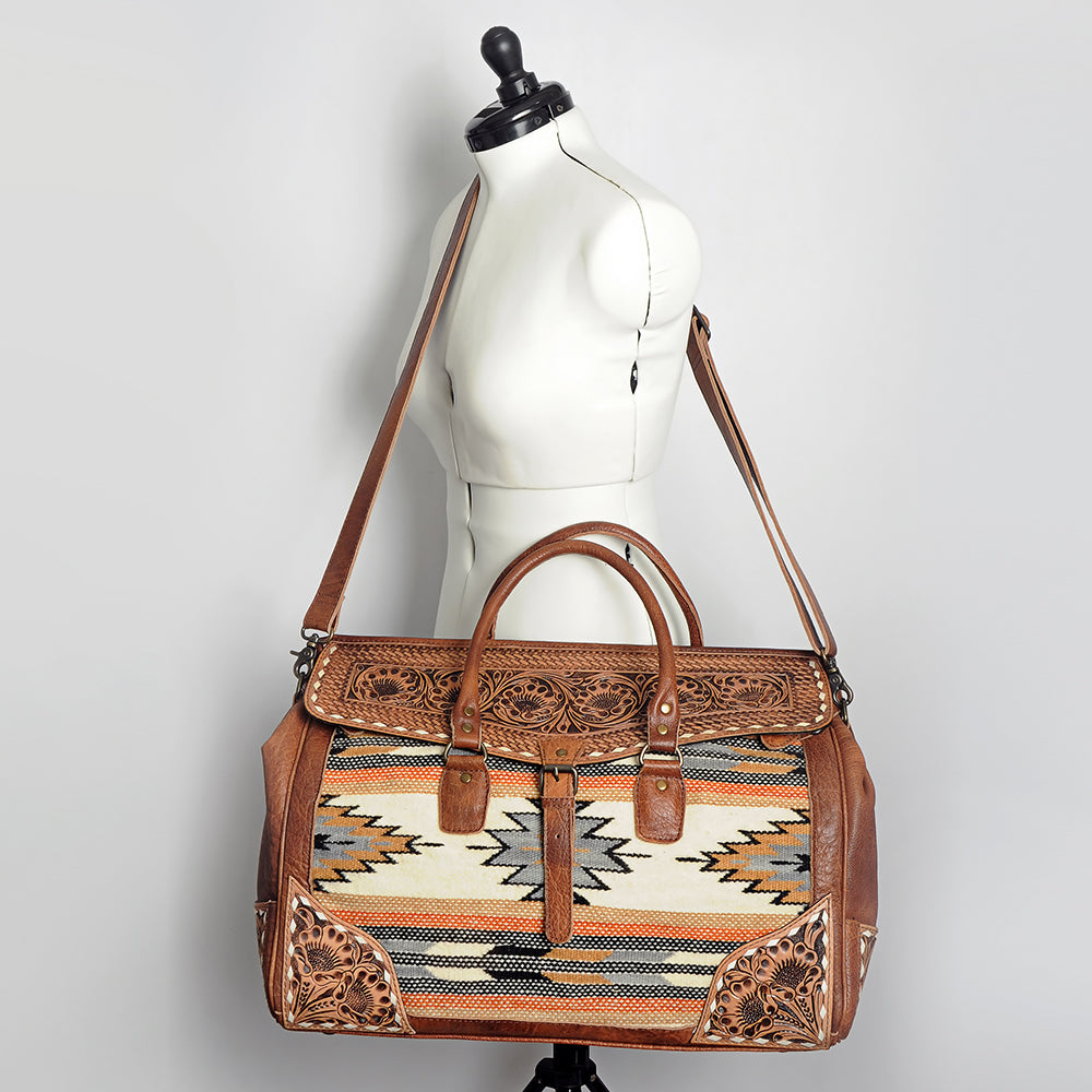 ADBG516 Tooled Leather & Saddle Blanket Duffel Bag Mae Western Travel Weekender by American Darling