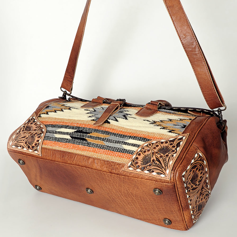 ADBG516 Tooled Leather & Saddle Blanket Duffel Bag Mae Western Travel Weekender by American Darling