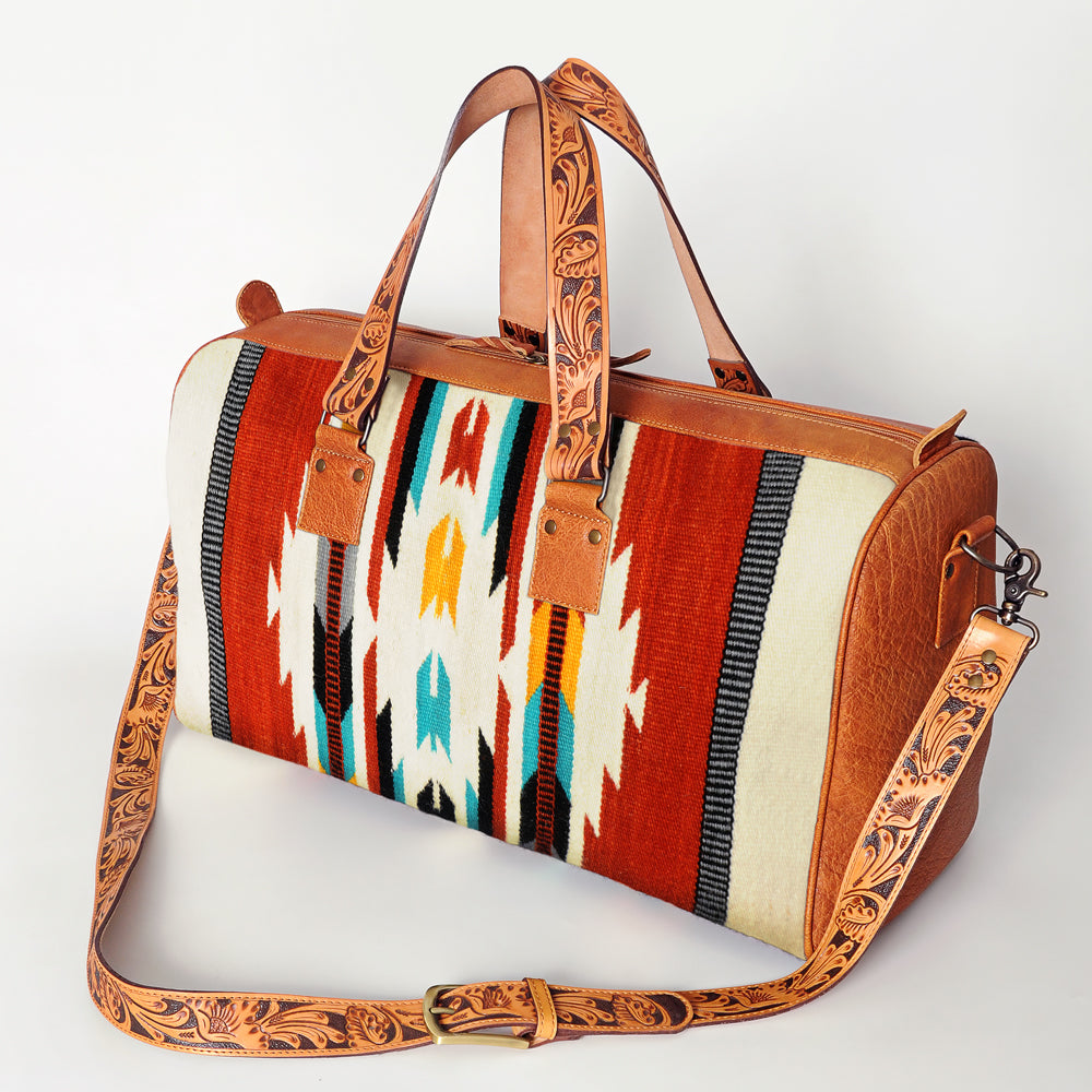 LC-ADBG870 Western Leather Duffel Bag with Tooled Straps & Wool Saddle Blanket American Darling Travel Bag