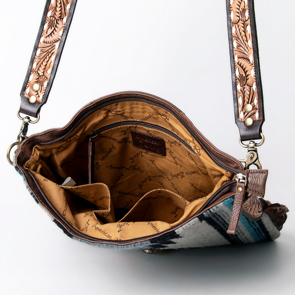 LC-ADBGA283 American Darling Wool Saddle Blanket Crossbody with Tooled Leather Strap