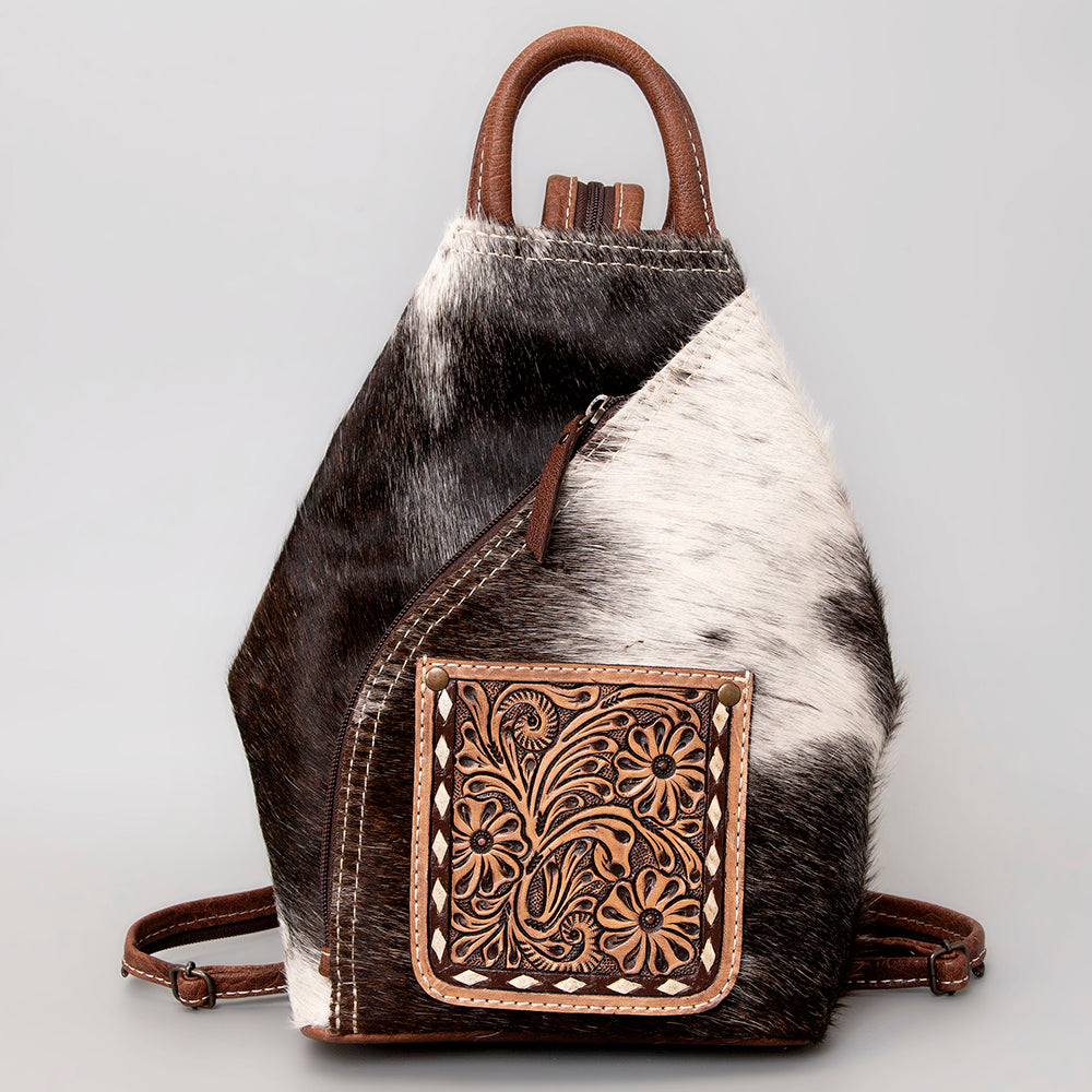 ADBG883 Hair-On Cowhide Western Leather Backpack with Tooled Pocket American Darling