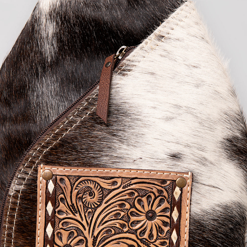 ADBG883 Hair-On Cowhide Western Leather Backpack with Tooled Pocket American Darling
