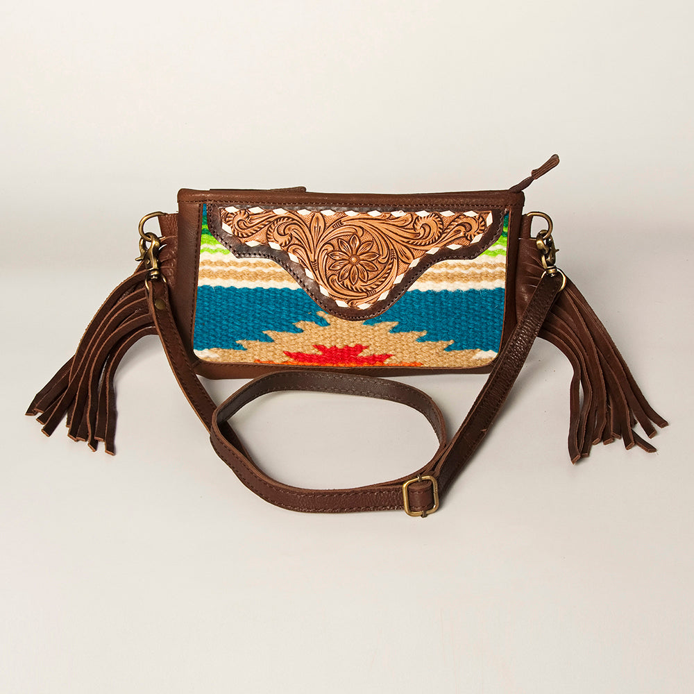 LC-ADBGA188 Southwestern Wool & Leather Fringe Crossbody Bag with Hand-Tooled Flap