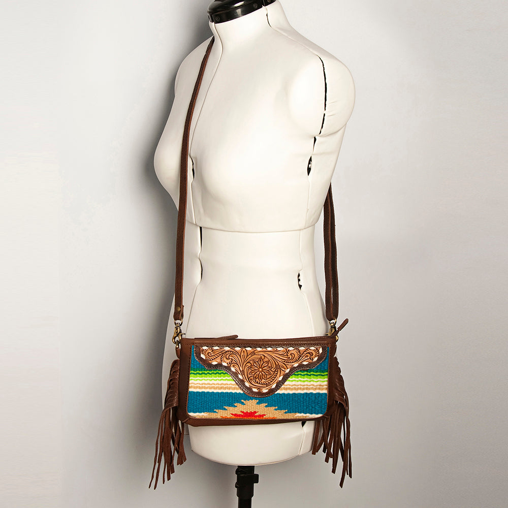 LC-ADBGA188 Southwestern Wool & Leather Fringe Crossbody Bag with Hand-Tooled Flap