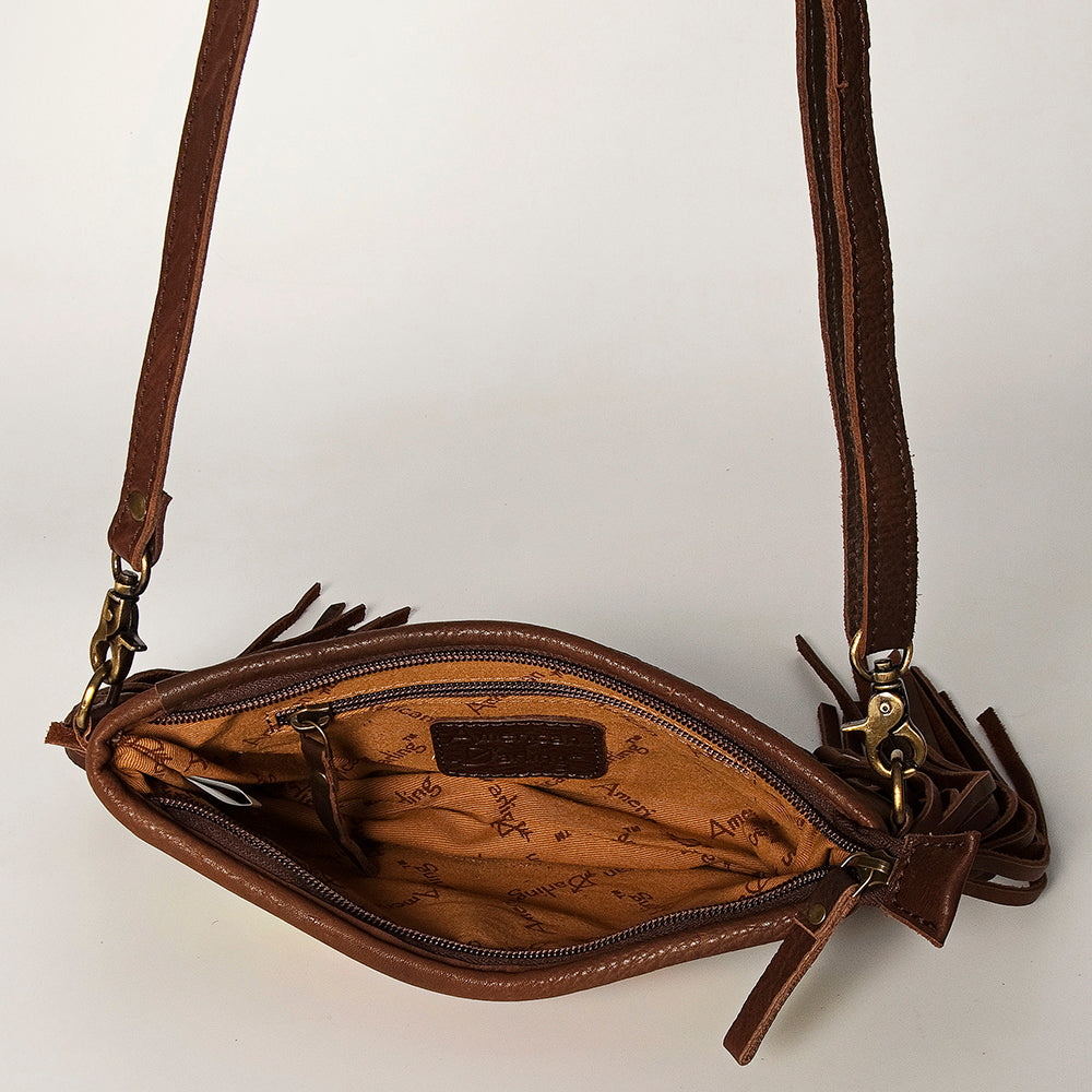 LC-ADBGA188 Southwestern Wool & Leather Fringe Crossbody Bag with Hand-Tooled Flap