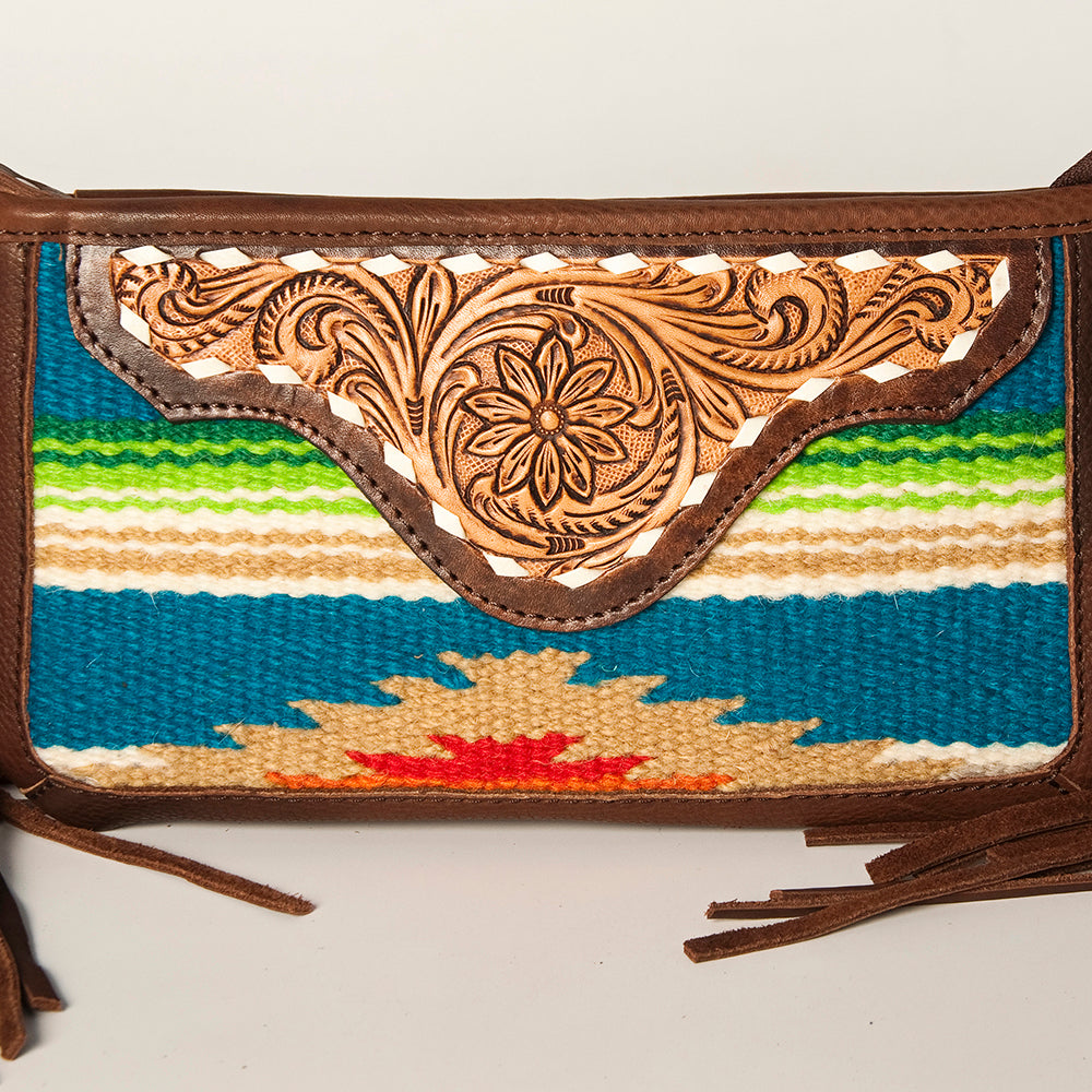 LC-ADBGA188 Southwestern Wool & Leather Fringe Crossbody Bag with Hand-Tooled Flap