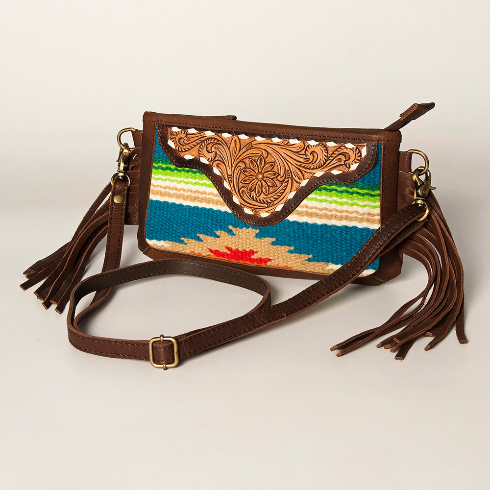 LC-ADBGA188 Southwestern Wool & Leather Fringe Crossbody Bag with Hand-Tooled Flap