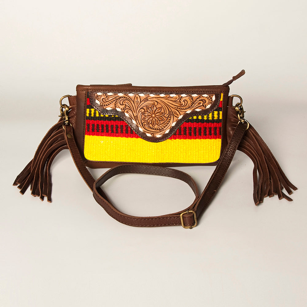 LC-ADBGA188 Southwestern Wool & Leather Fringe Crossbody Bag with Hand-Tooled Flap