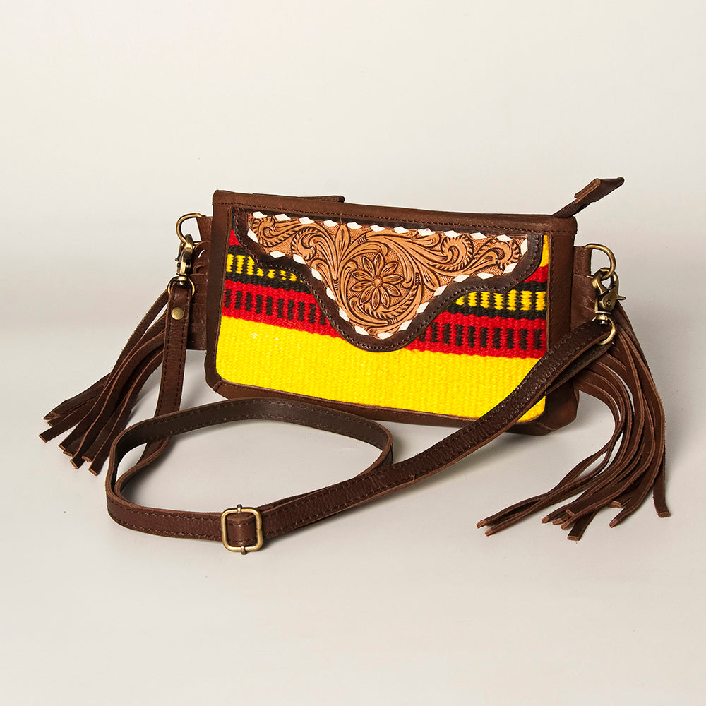 LC-ADBGA188 Southwestern Wool & Leather Fringe Crossbody Bag with Hand-Tooled Flap