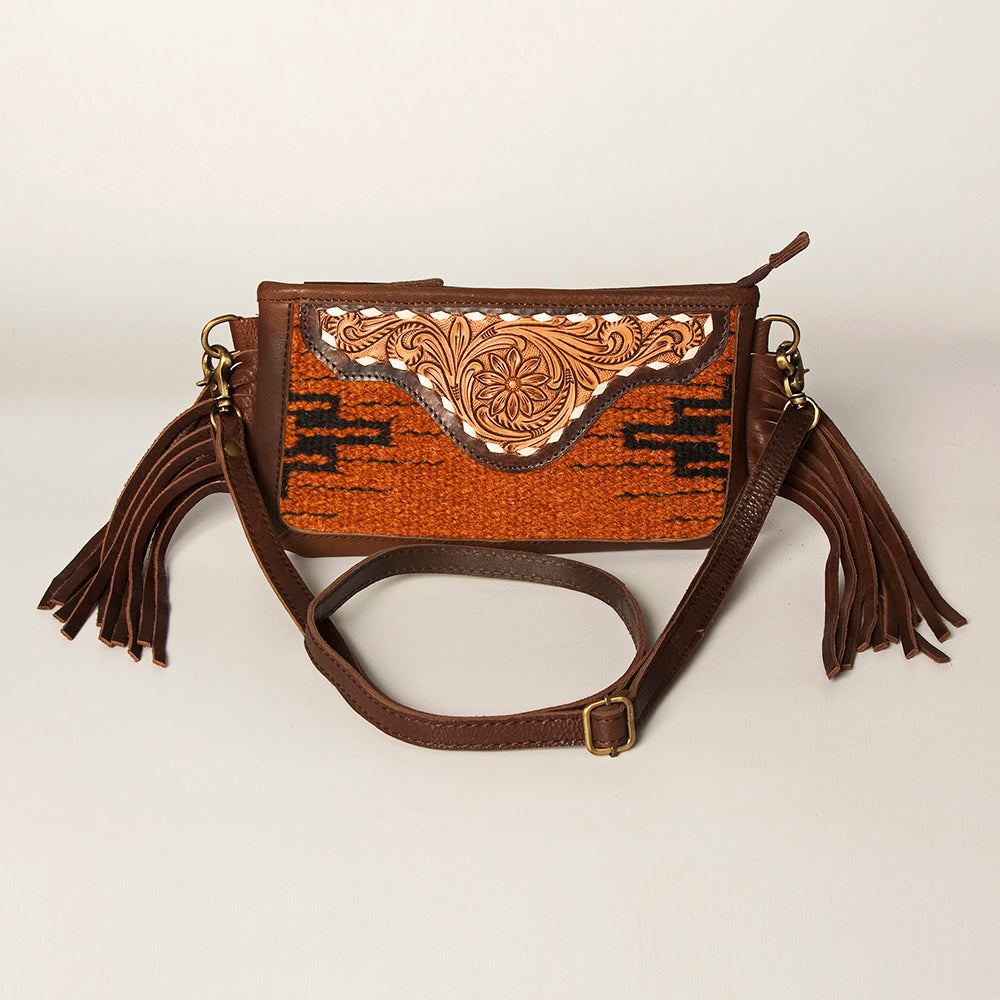 LC-ADBGA188 Southwestern Wool & Leather Fringe Crossbody Bag with Hand-Tooled Flap