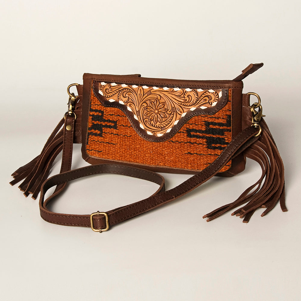 LC-ADBGA188 Southwestern Wool & Leather Fringe Crossbody Bag with Hand-Tooled Flap