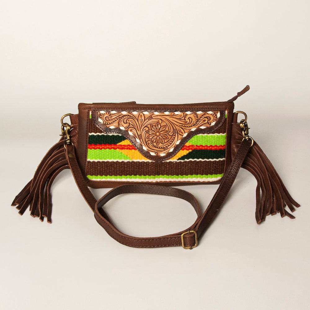 LC-ADBGA188 Southwestern Wool & Leather Fringe Crossbody Bag with Hand-Tooled Flap