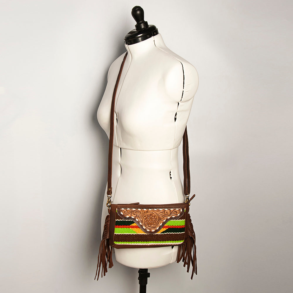 LC-ADBGA188 Southwestern Wool & Leather Fringe Crossbody Bag with Hand-Tooled Flap