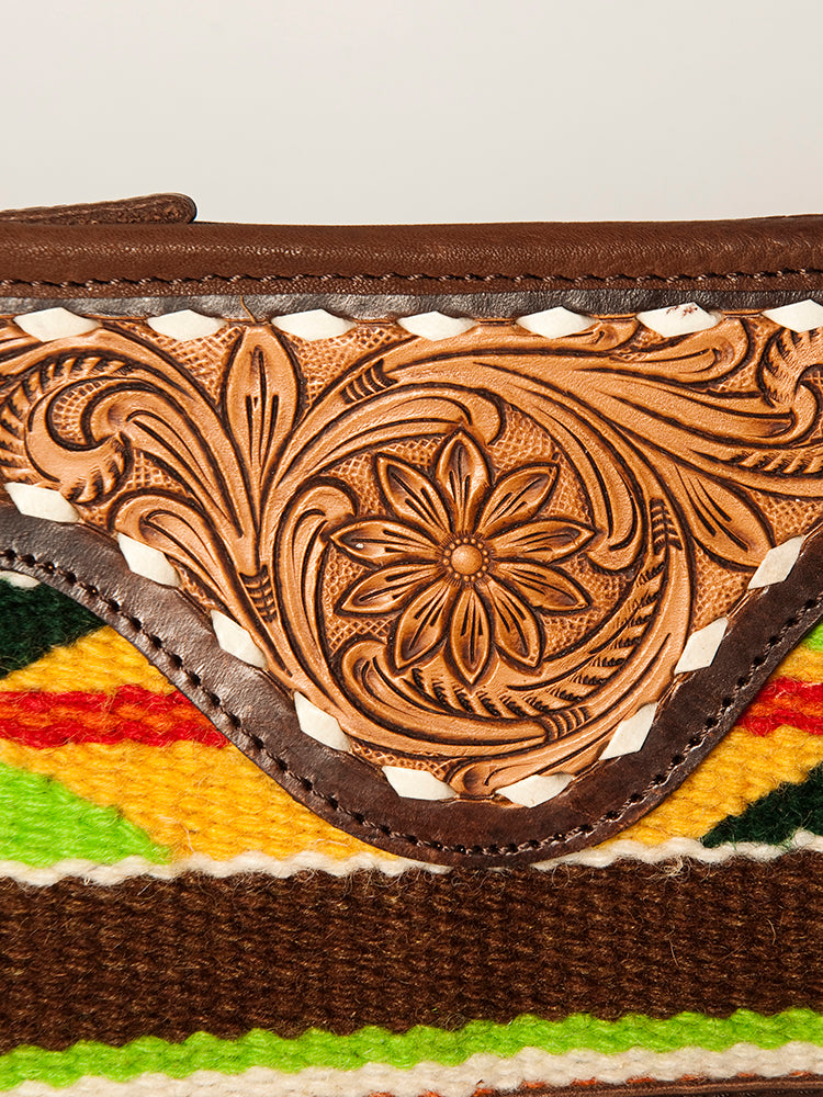 LC-ADBGA188 Southwestern Wool & Leather Fringe Crossbody Bag with Hand-Tooled Flap