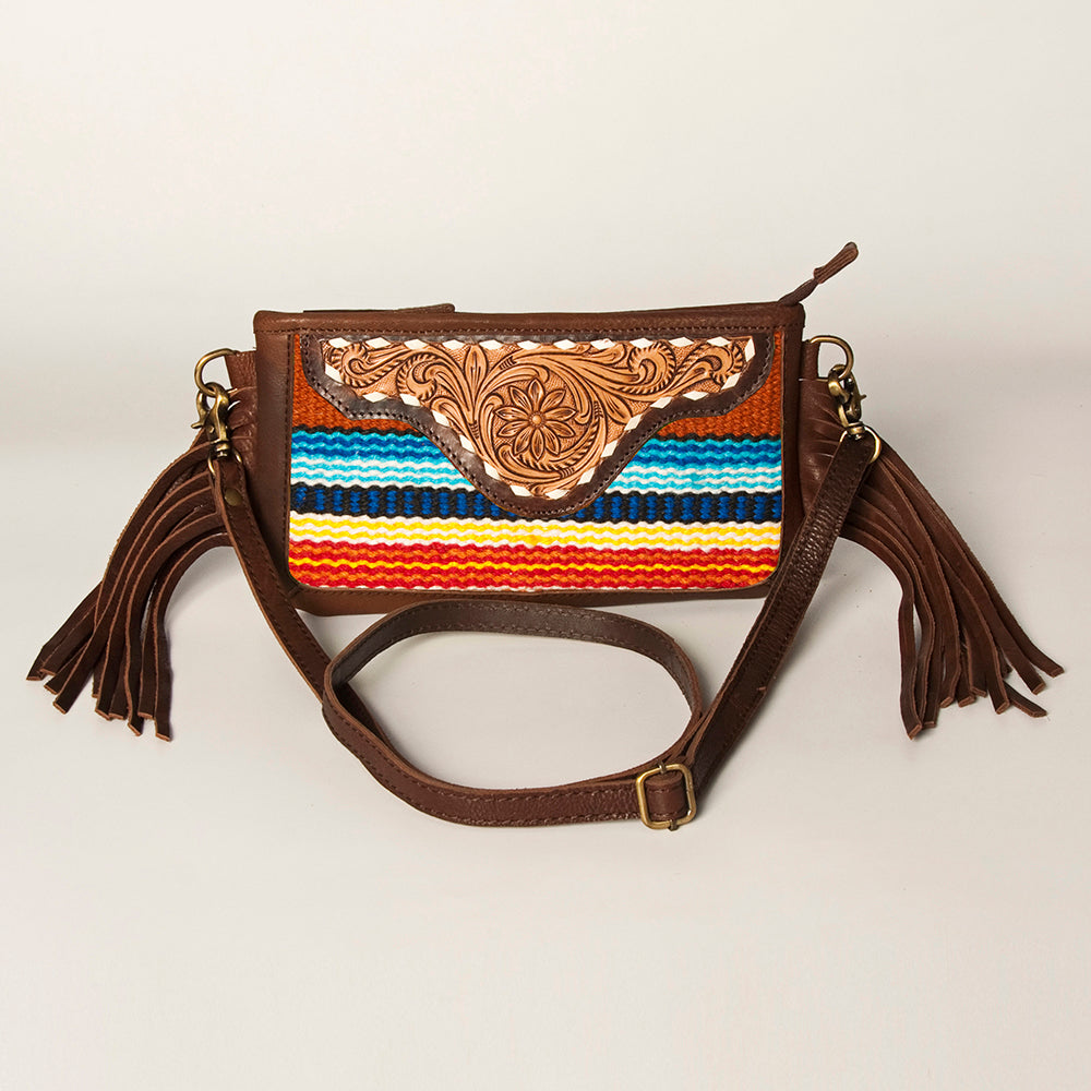 LC-ADBGA188 Southwestern Wool & Leather Fringe Crossbody Bag with Hand-Tooled Flap