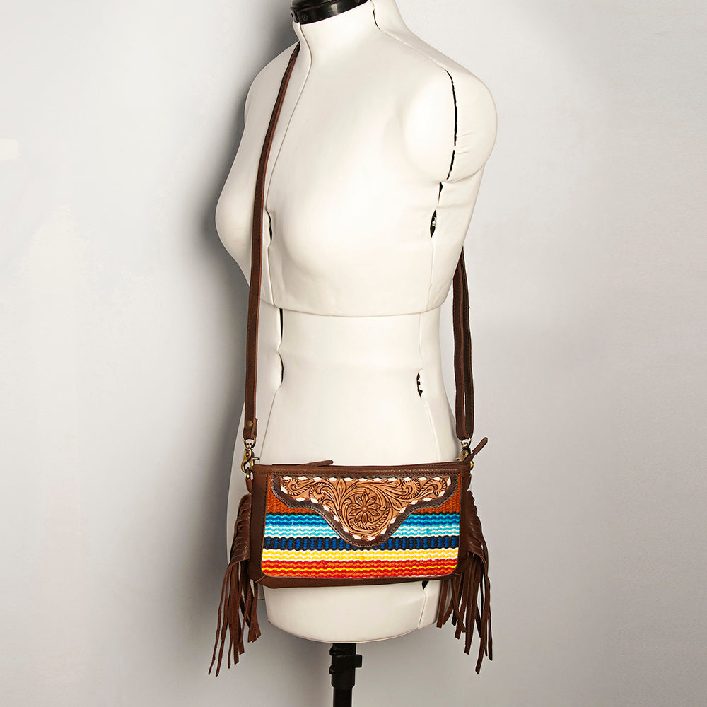 LC-ADBGA188 Southwestern Wool & Leather Fringe Crossbody Bag with Hand-Tooled Flap