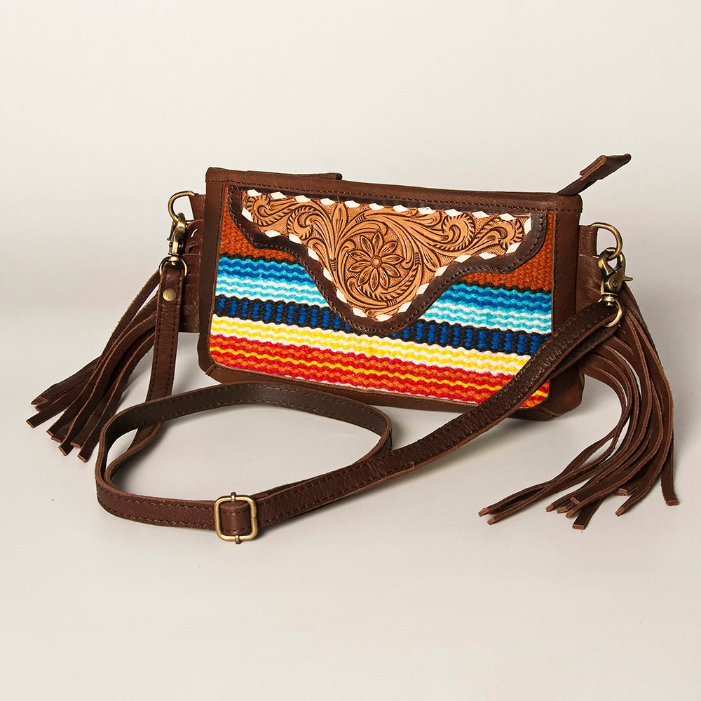 LC-ADBGA188 Southwestern Wool & Leather Fringe Crossbody Bag with Hand-Tooled Flap