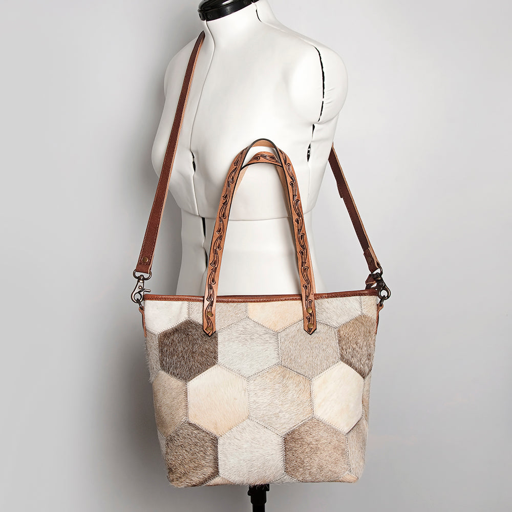 ADBG533 Cowhide Tote Bag with Tooled Leather Handles