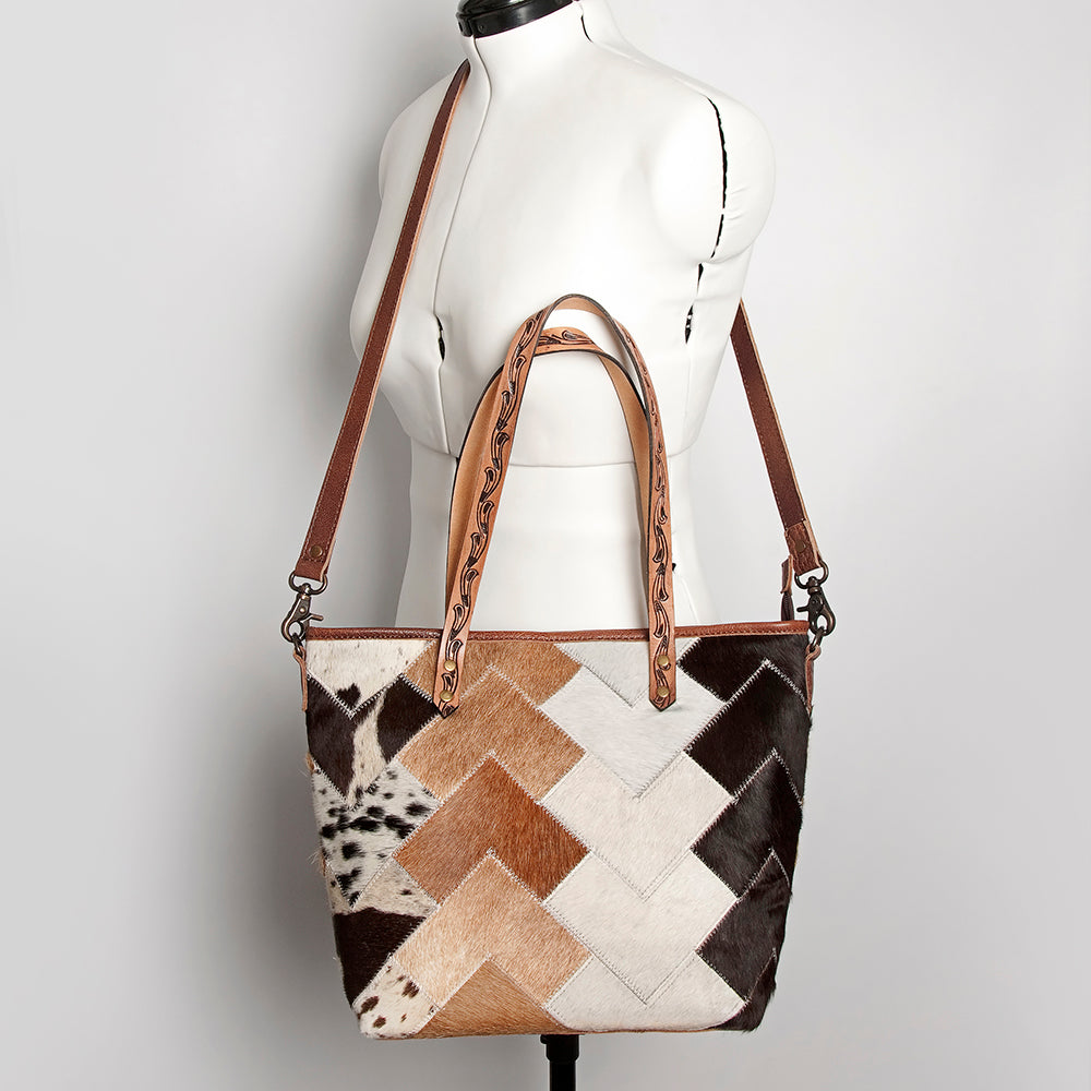 ADBG533 Cowhide Tote Bag with Tooled Leather Handles