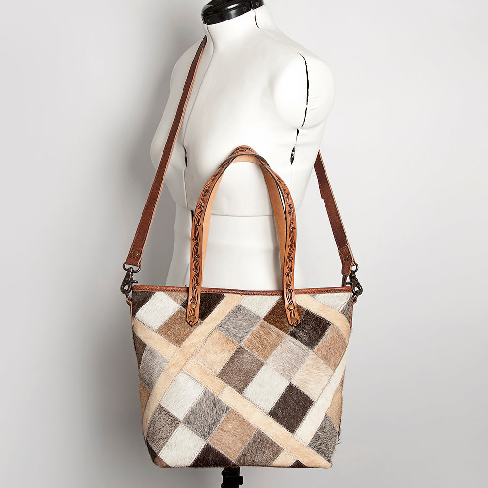 ADBG533 Cowhide Tote Bag with Tooled Leather Handles