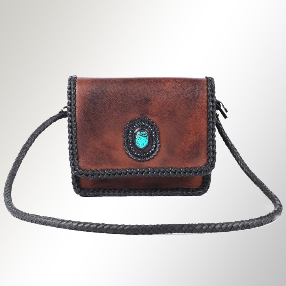 ADBGM261 Handcrafted Leather Crossbody Bag with Turquoise Concho & Braided Trim - Western Shoulder Purse