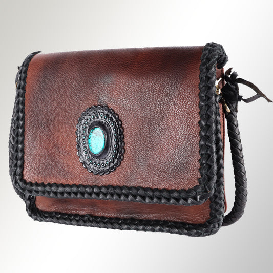 ADBGM261 Handcrafted Leather Crossbody Bag with Turquoise Concho & Braided Trim - Western Shoulder Purse