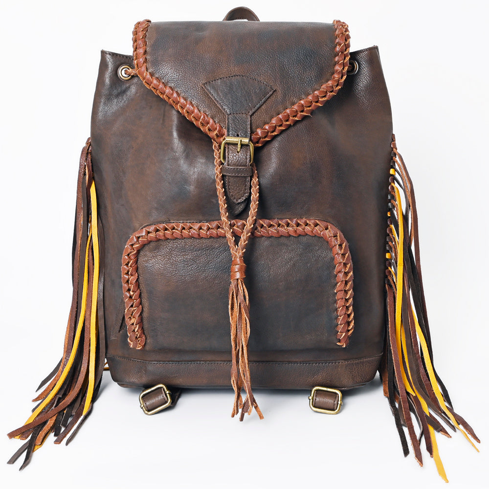 ADBGM275 Western Leather Backpack - Braided Trim, Fringe & Buckle Closure