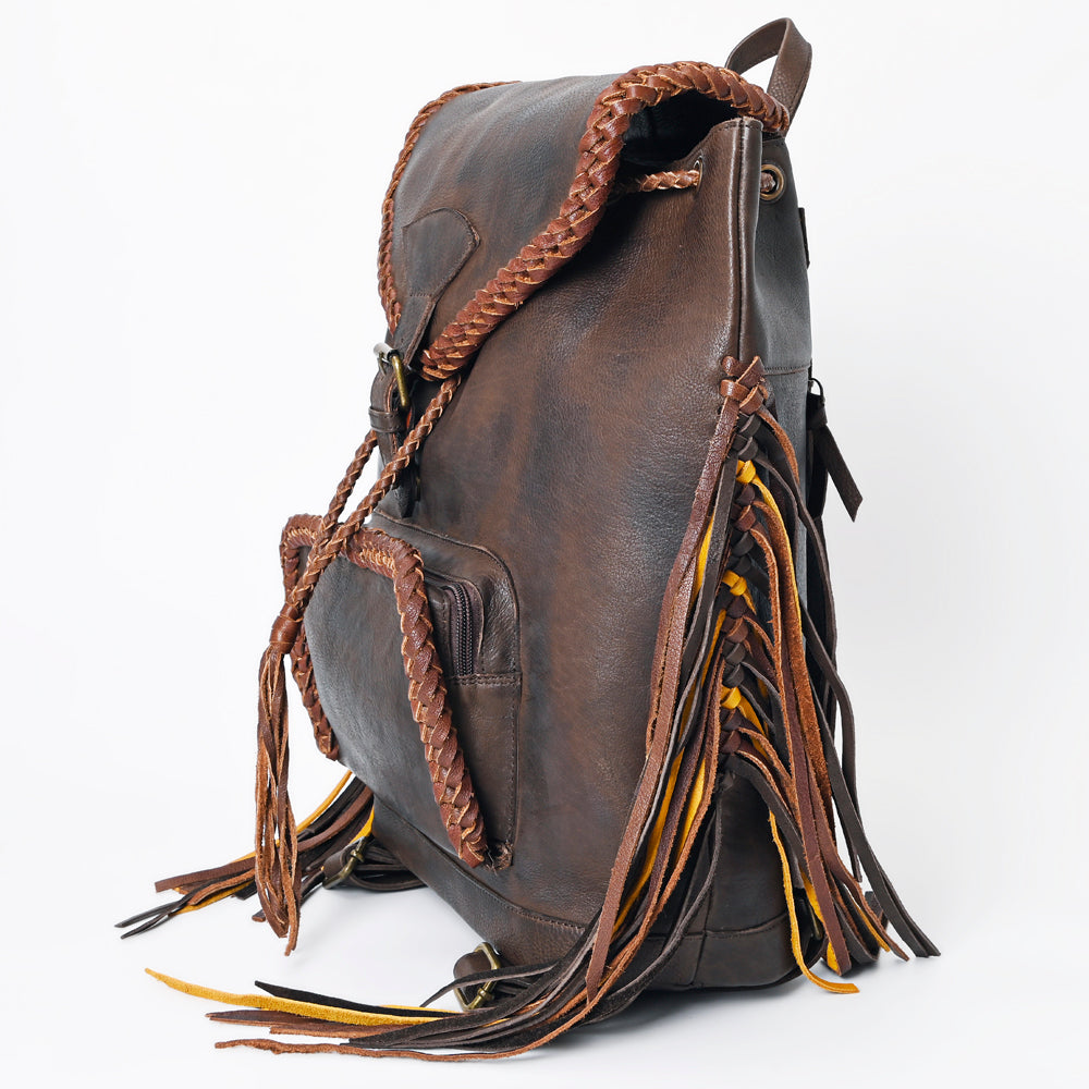 ADBGM275 Western Leather Backpack - Braided Trim, Fringe & Buckle Closure
