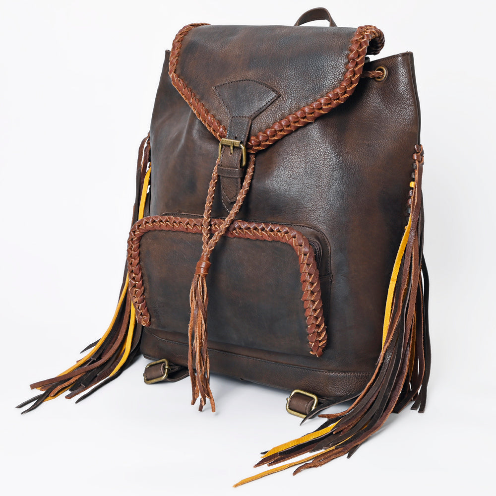ADBGM275 Western Leather Backpack - Braided Trim, Fringe & Buckle Closure