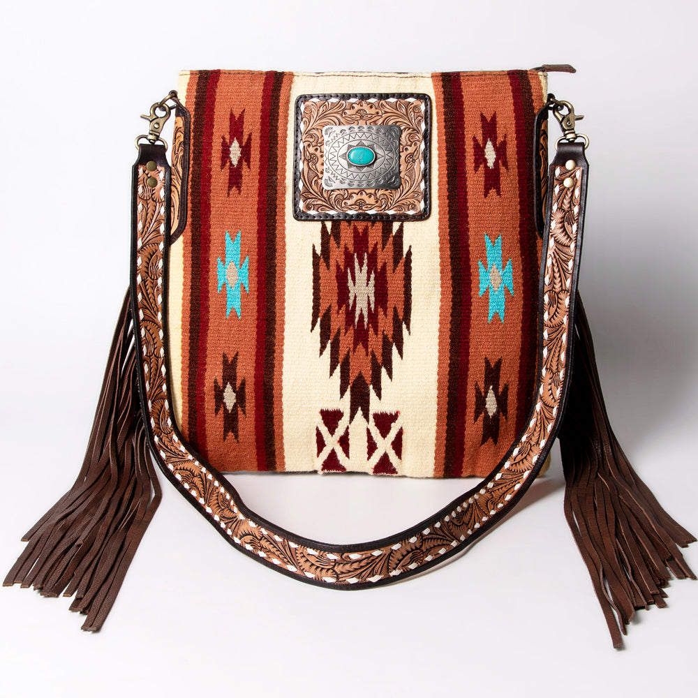 ADBGA269 American Darling Aztec Pattern Woven Tooled Leather Fringed Crossbody