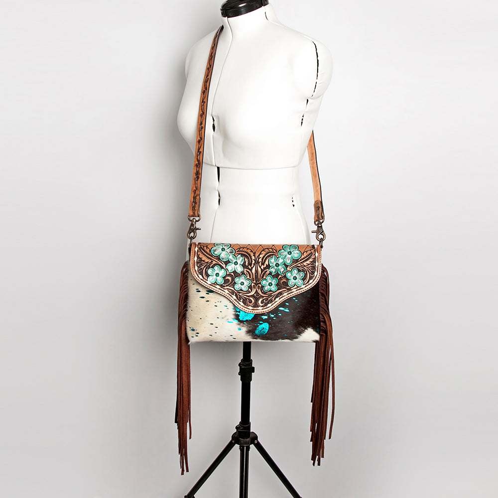 ADBG843 Hand-Tooled Crossbody Bag with Hair-On Cowhide & Genuine Leather