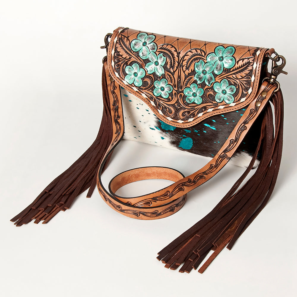 ADBG843 Hand-Tooled Crossbody Bag with Hair-On Cowhide & Genuine Leather